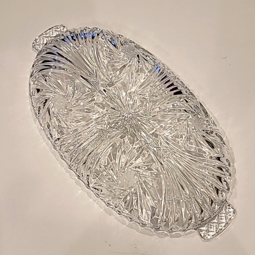 Vintage Cut Lead Crystal Heavy Three Part Oval Pinwheel Pattern Handled Dish - Picture 5 of 8